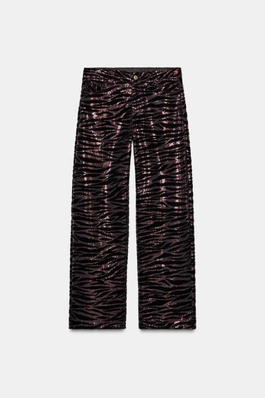 PANTALON VELOURS ET PAILLETTES - Marron de Zara