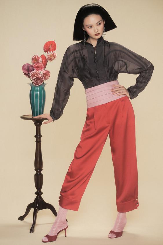 Zara 緞面褲腳按扣長褲 - 紅色 - 圖片 0