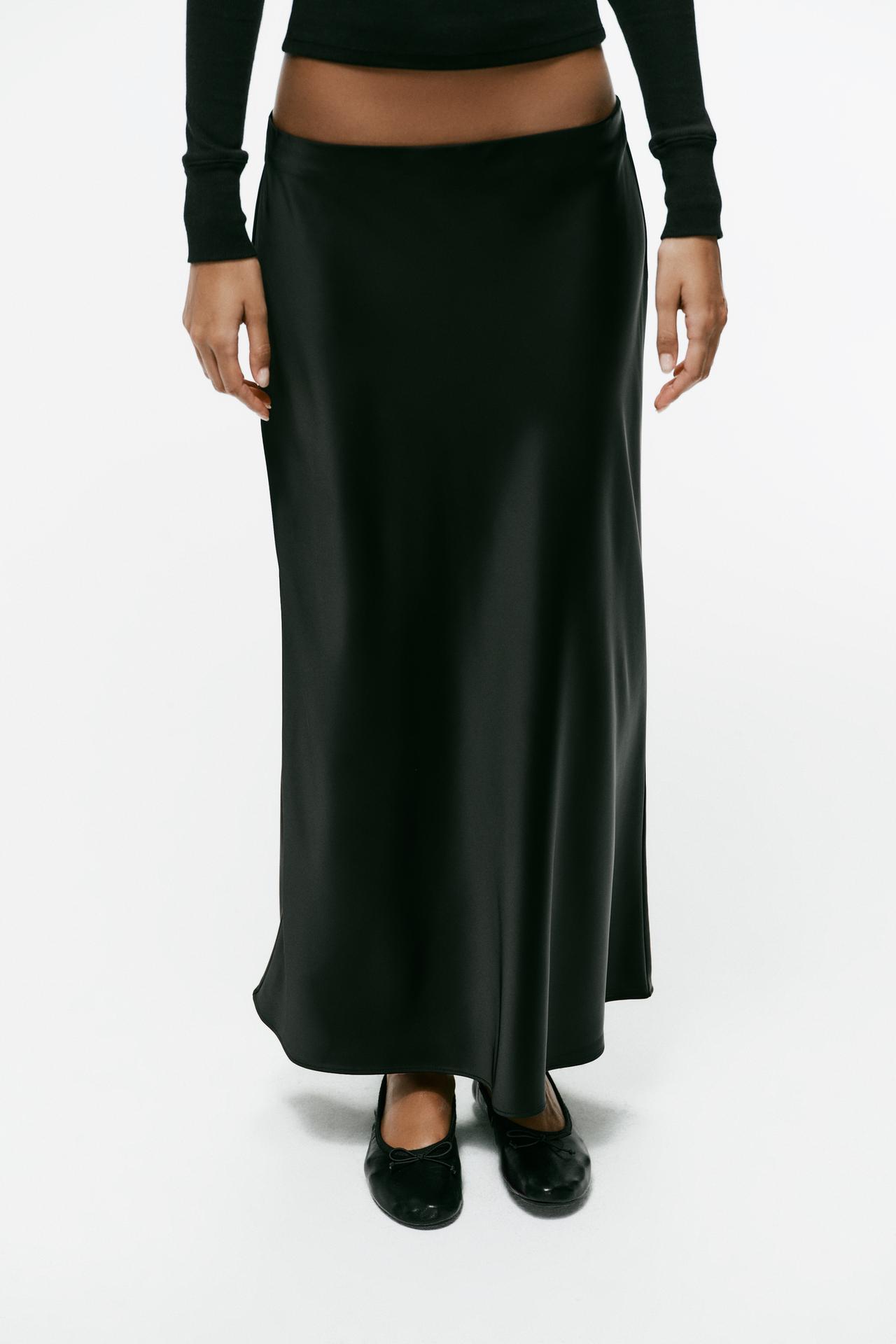SATIN MIDI SKIRT — Black