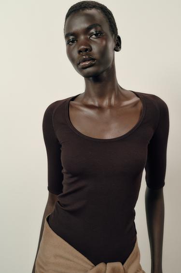 RIB RAGLAN T-SHIRT - Chocolate by Zara
