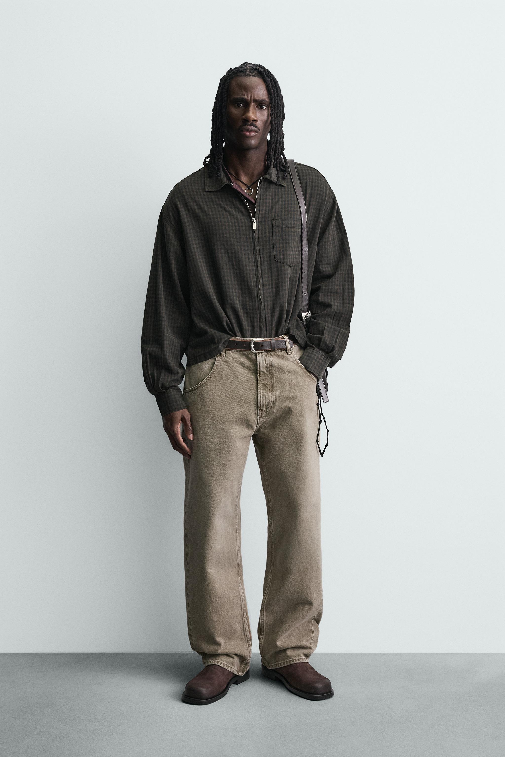 リネン混紡チェック柄シャツ - ダークブラウン | ZARA Japan / 日本