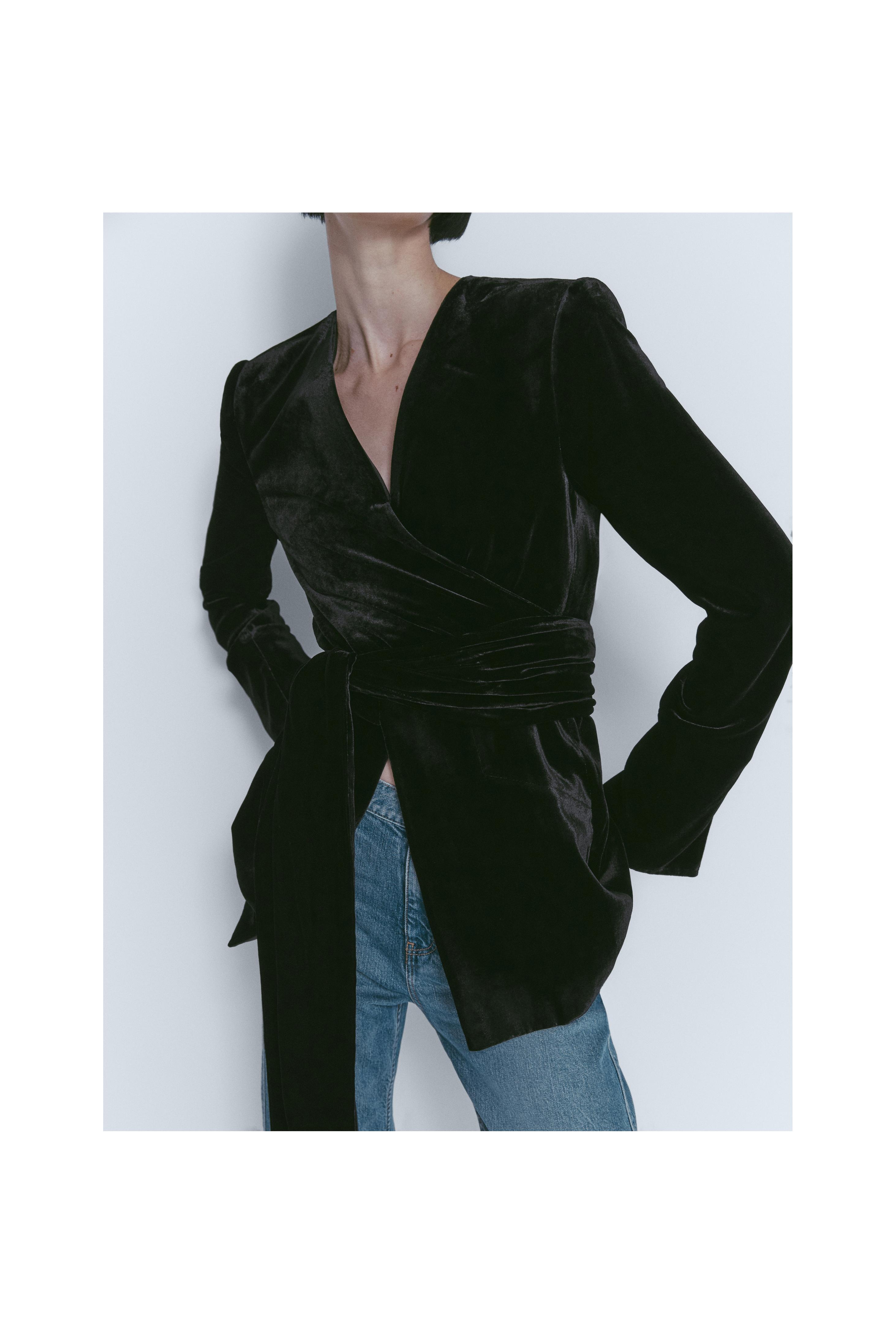 Velvet blazer with tie detail - Black | ZARA United States