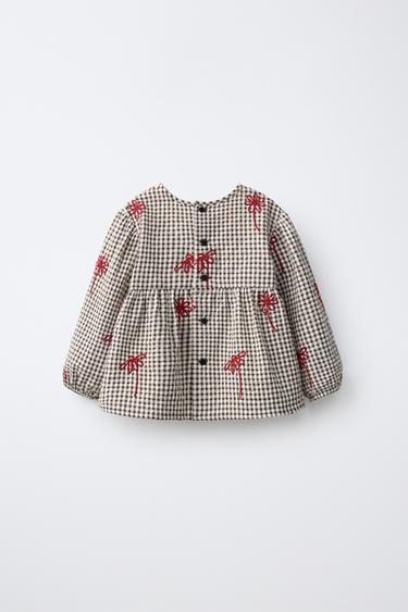 EMBROIDERED FLORAL GINGHAM BLOUSE — Chocolate 2