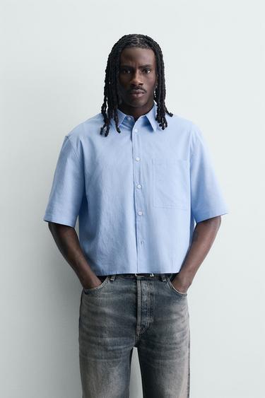 CROPPED FIT CHECK SHIRT - Light blue by Zara