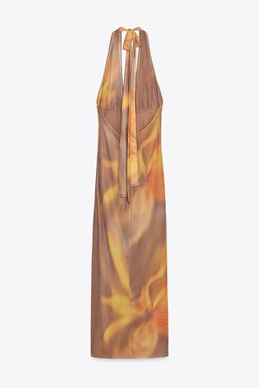 PRINTED TULLE HALTER MIDI DRESS - Khaki by Zara - Image 3