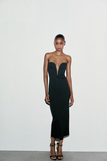 Zara SWEETHEART NECKLINE MIDI DRESS - Black - Image 0