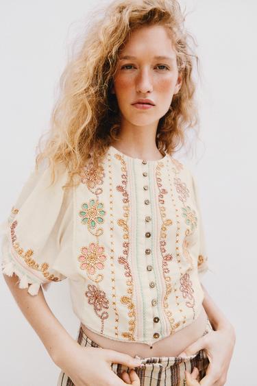 EMBROIDERED FRINGE BLOUSE - Ecru by Zara - Image 1