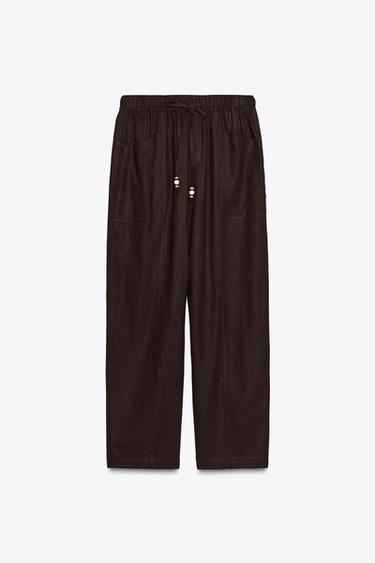 PANTALÓN CON LINO CORDÓN ABALORIOS - Marrón de Zara