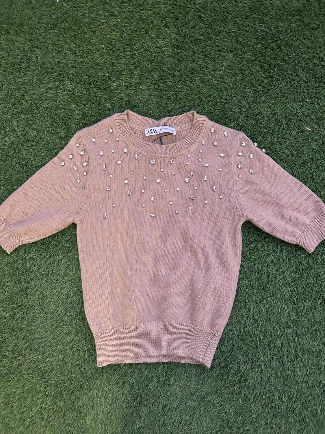 Beige jumper with short sleeves and sparkly embellishments on the chest, on green grass. Visible label with text: "ZARA".