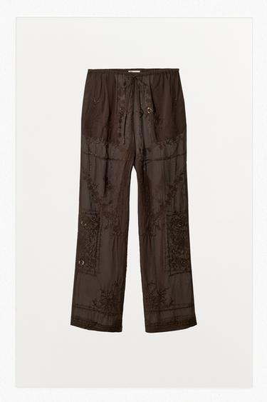 EMBROIDERED BEADED TROUSERS - Brown by Zara