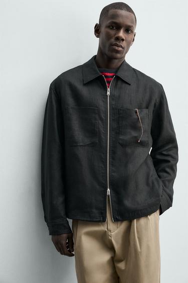 100% LINEN ZIP-UP OVERSHIRT - Black by Zara - Image 5