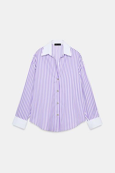 CHEMISE EN POPELINE À RAYURES - Lilas / Blanc de Zara - Image 7