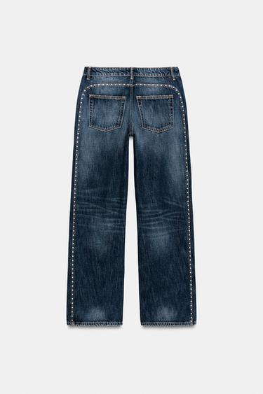 Zara TRF LOW RISE WIDE LEG STUDDED JEANS - Blue