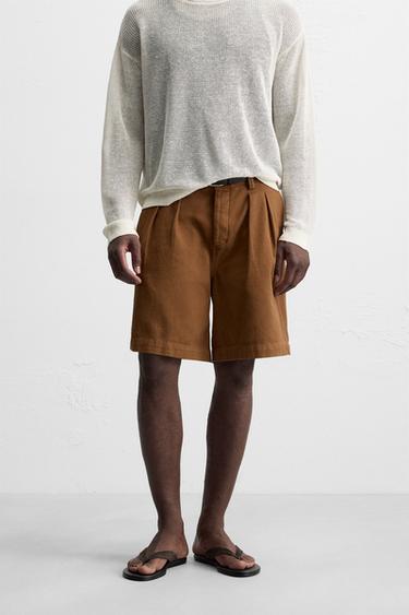 Zara RELAXED FIT PLEATED SHORTS - Caramel