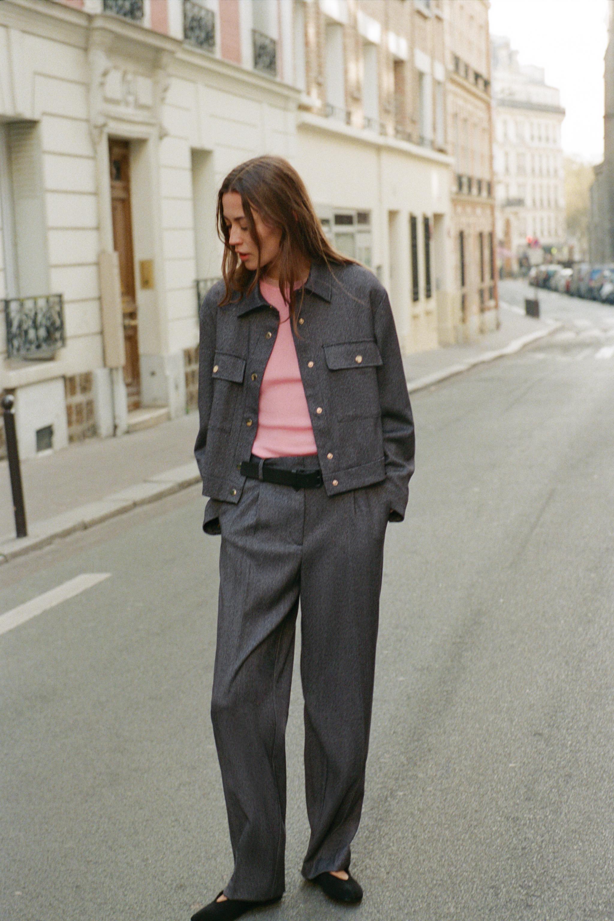 HERRINGBONE STRAIGHT-LEG TROUSERS