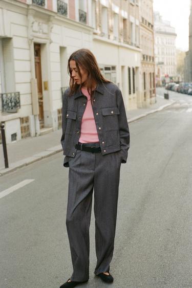 HERRINGBONE STRAIGHT-LEG TROUSERS - Grey by Zara