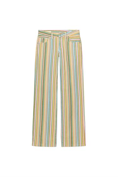 Front view of multicolor striped jeans, low rise, wide leg, and five pockets. Front zip and button closure.