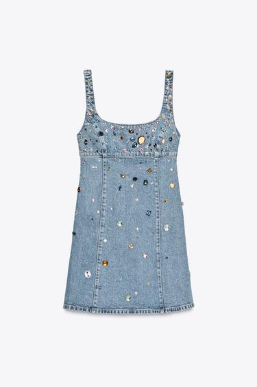 Zara TRF JEWEL DENIM DRESS - Light blue