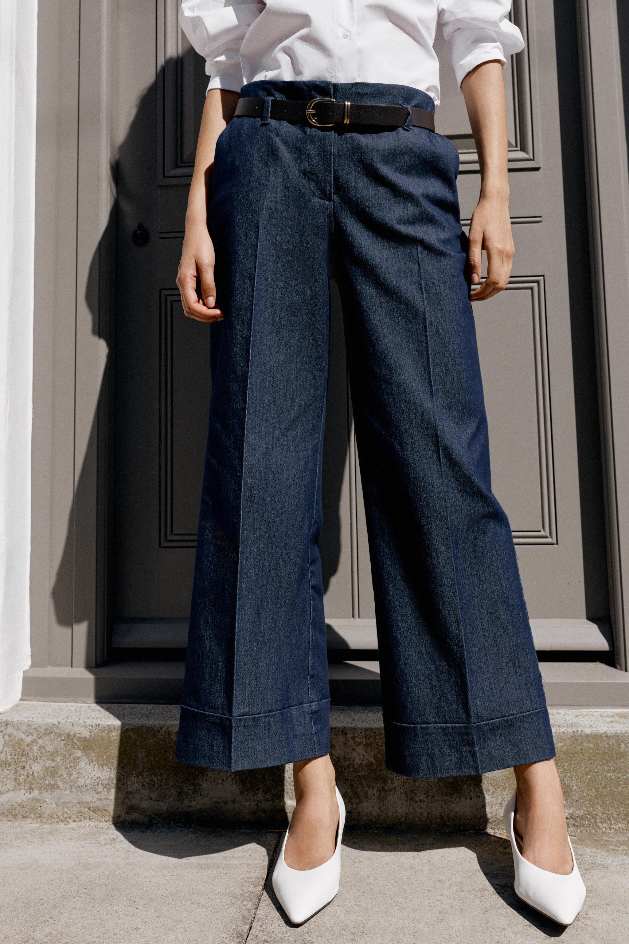 CUFFED HEM BELTED PANTS — Indigo