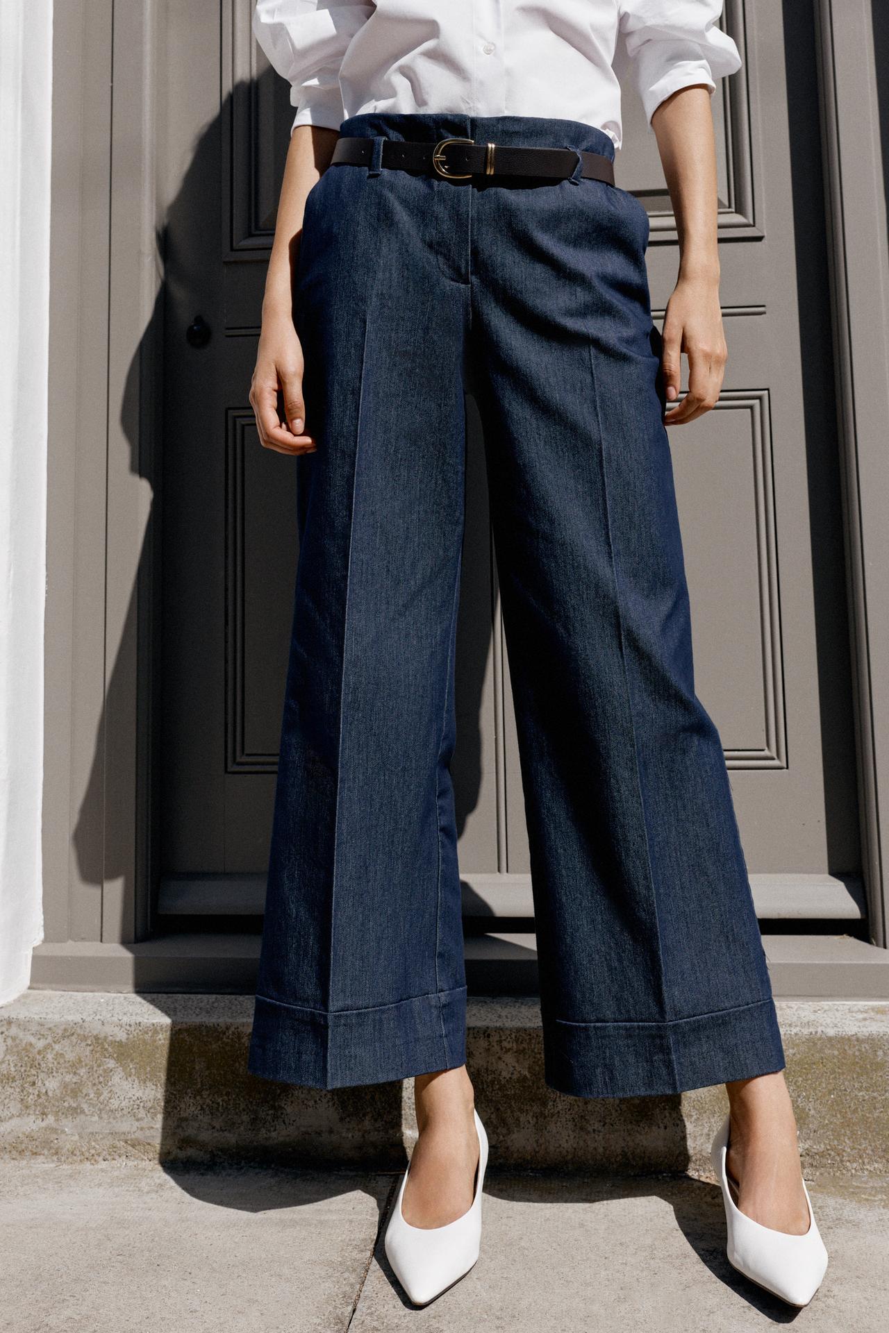 CUFFED HEM BELTED PANTS — Indigo