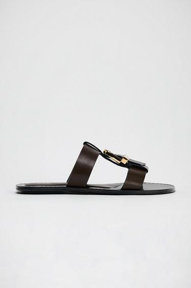DOUBLE-STRAP FLAT SANDALS WITH BUCKLE - Brown by Zara