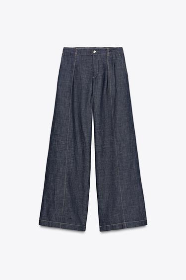 LINEN BLEND WIDE-LEG TROUSERS - Indigo by Zara
