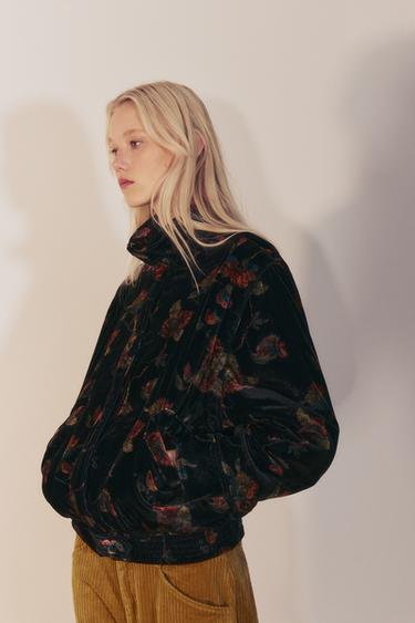 ZW COLLECTION PRINTED FLORAL VELVET BOMBER JACKET — Black 1