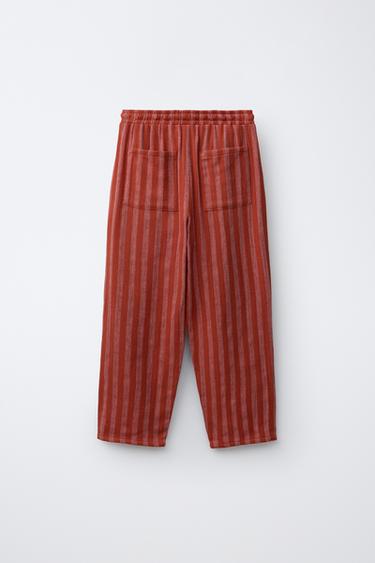 Zara RUSTIC STRIPED LINEN PANTS - Dark red