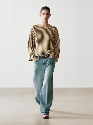 Pull en maille à rayures 100 % coton - Marron clair de Zara