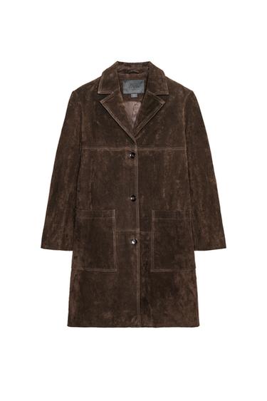 Front view of a dark brown coat with a notched lapel collar, long sleeves, patch pockets and a button-down front fastening.