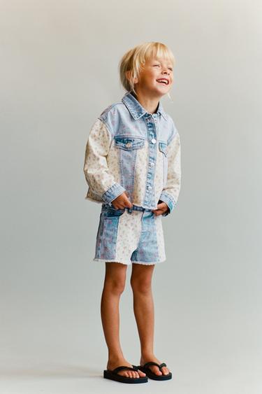 Zara 拼布花紋牛仔短褲 - 淡藍色