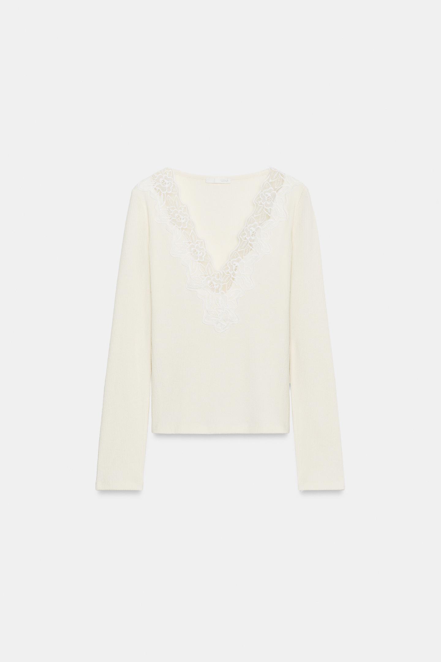 Женский топ Zara Ribbed Top with Matching Trim, цвет: Экрю — фото 6