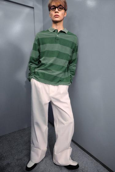 WASHED STRIPED PIQUÉ POLO SHIRT - washed green by Zara