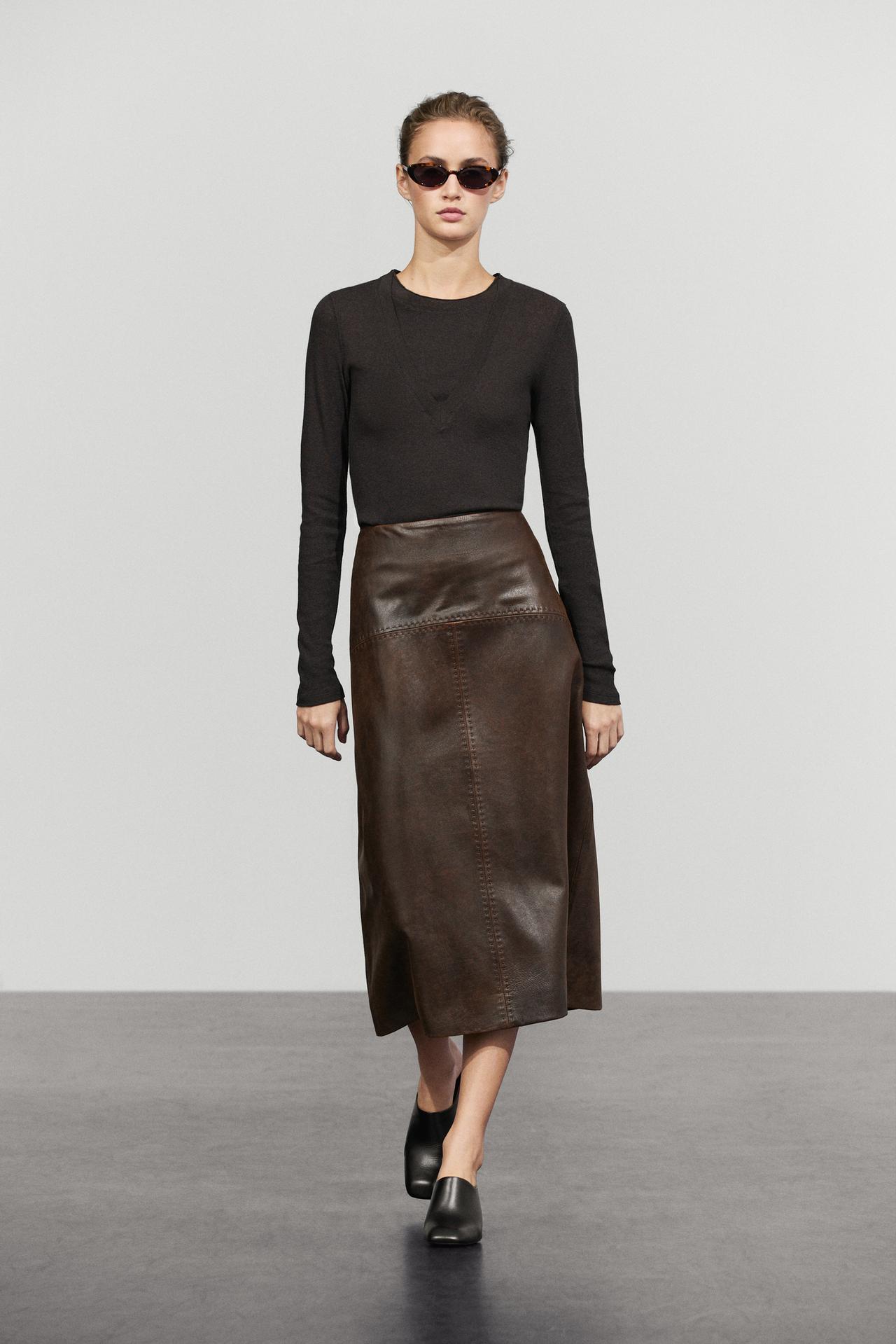 Straight nappa leather midi skirt with seam details — Brown
