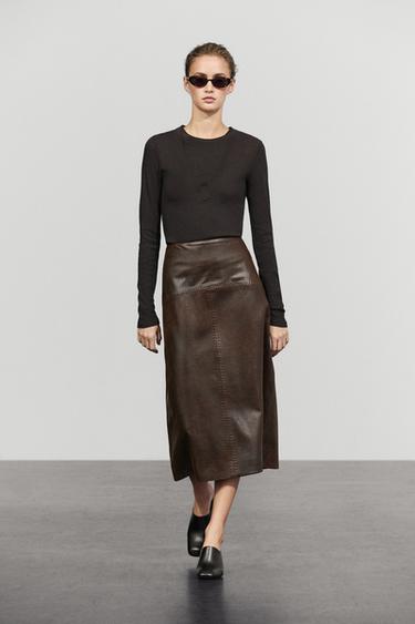 Straight nappa leather midi skirt with seam details — Brown 1