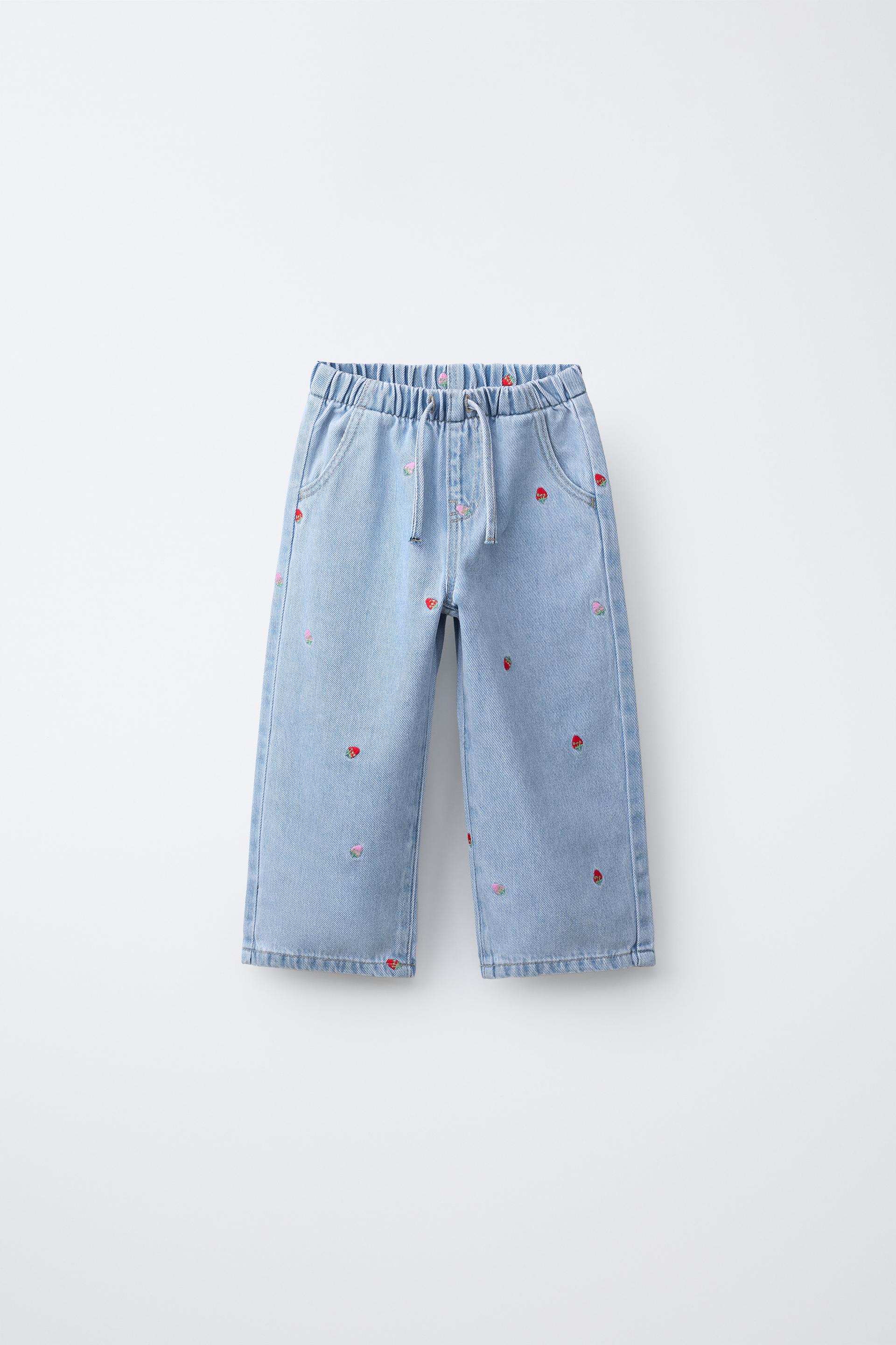 Embroidered Strawberry Wide-Leg Jeans