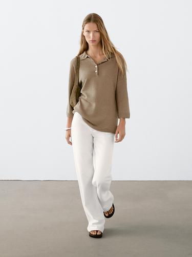Zara Oversize knit sweater with polo collar - Khaki
