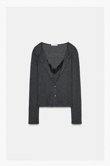 LACE TRIMMED COMBINATION JACKET AND TOP - Charcoal by Zara