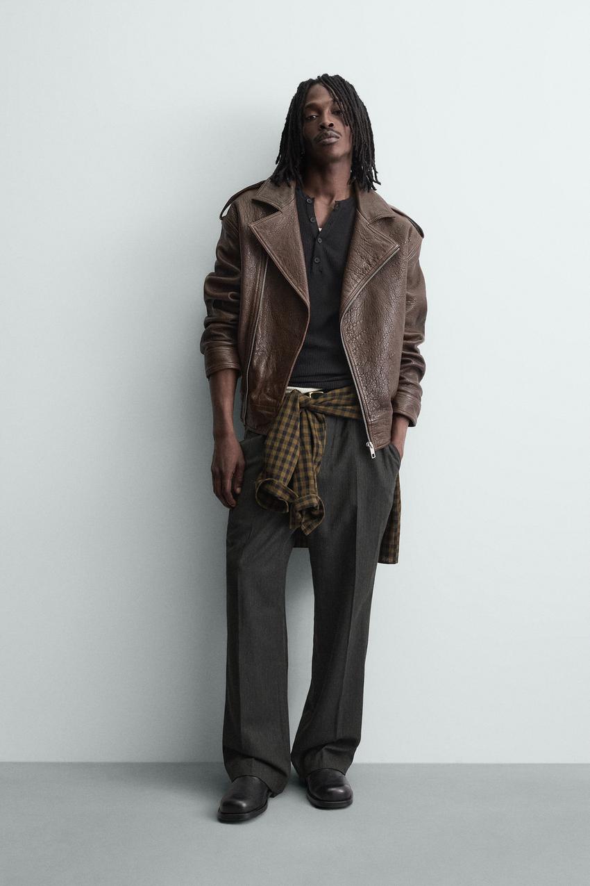 brown zara leather biker