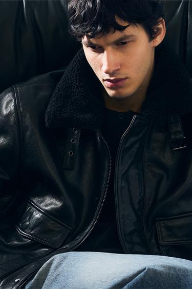 Zara LEATHER JACKET WITH COMBINED COLLAR - Black