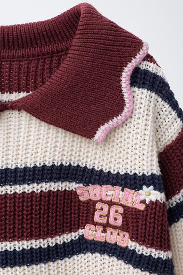 STRIPED EMBROIDERED KNIT POLO SWEATER - Burgundy by Zara - Image 2