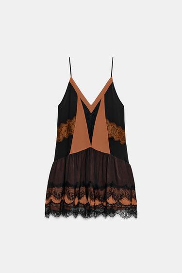 Zara SHORT COMBINATION LACE DRESS - Black / Brown