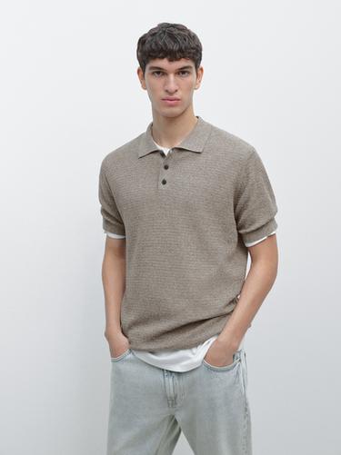 Zara Short sleeve cotton and linen blend knit polo shirt - Light khaki