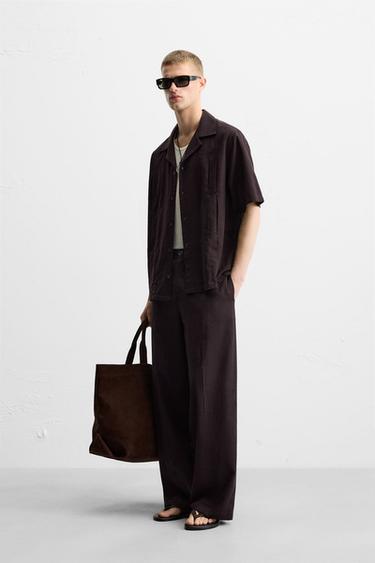 CAMISA ALGODÓN - LINO PLIEGUES - Marrón oscuro de Zara - Imagen 0