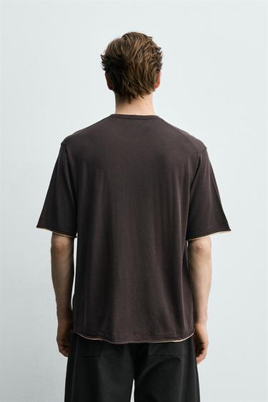 T-SHIRT EN MAILLE FINITIONS CONTRASTÉES - Marron de Zara - Image 2