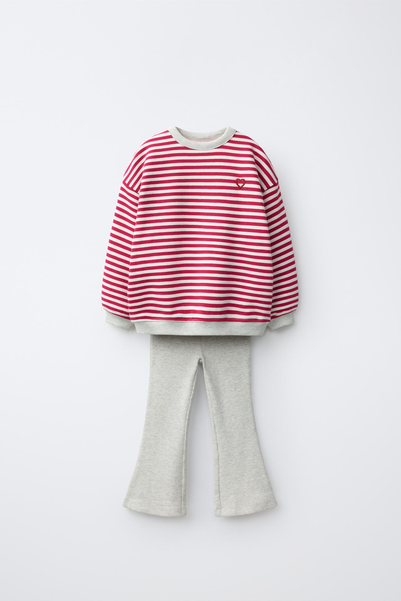 STRIPED SWEATSHIRT AND FLARE LEGGING SET — Ecru