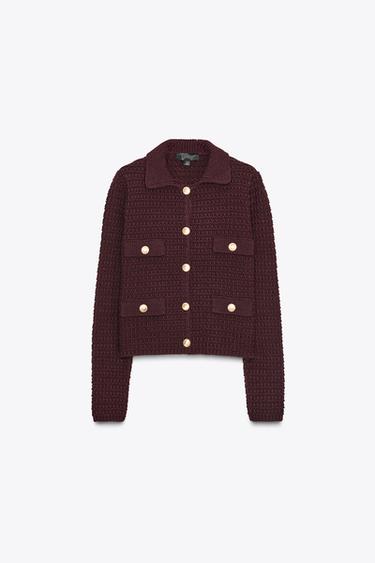 Zara BUTTON KNIT CARDIGAN - Maroon