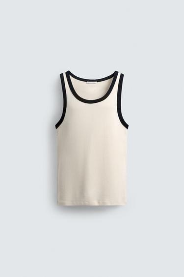 Zara CONTRAST RIB TANK TOP - White / Navy
