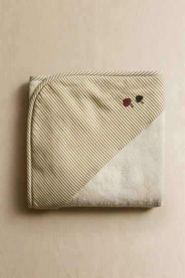 Zara STRIPED MUSLIN HOODED BABY BATH TOWEL - Green / Ecru