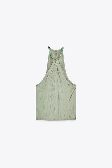 BEADED SATIN HALTER TOP - Mid-green by Zara - Image 6